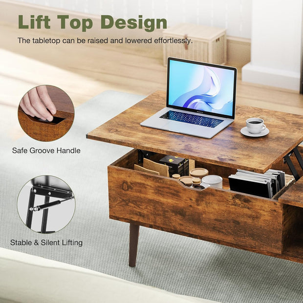 Small Coffee Table with Storage Shelf and Hidden Compartment