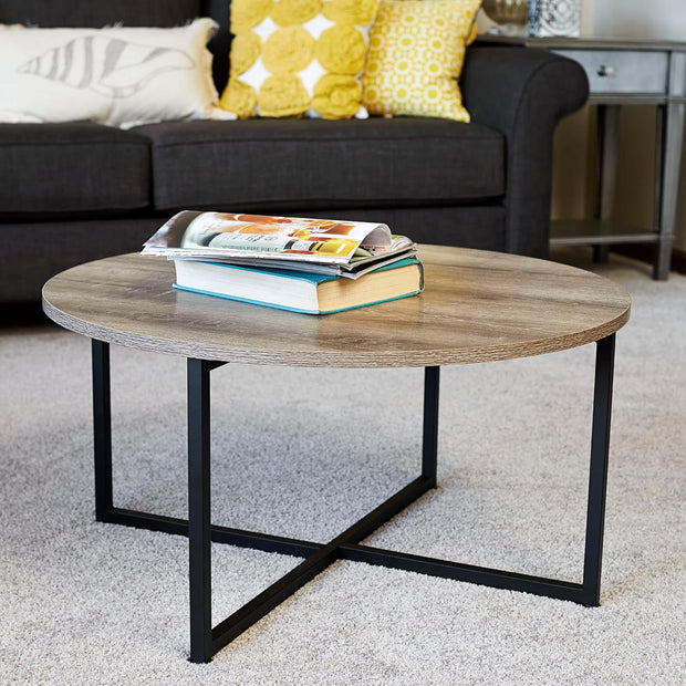 Jamestown Round Coffee Table Ashwood Rustic Wood Grain and Black Metal 