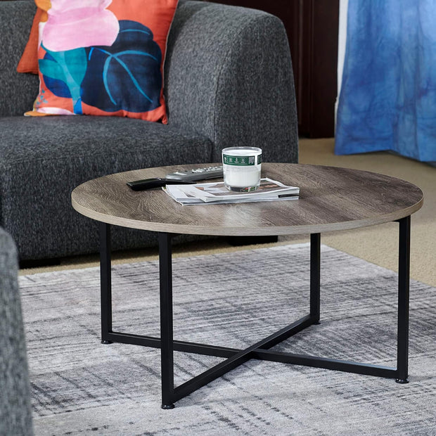Jamestown Round Coffee Table Ashwood Rustic Wood Grain and Black Metal 
