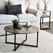Jamestown Round Coffee Table Ashwood Rustic Wood Grain and Black Metal 