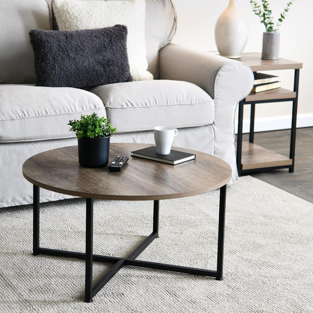 Jamestown Round Coffee Table Ashwood Rustic Wood Grain and Black Metal 