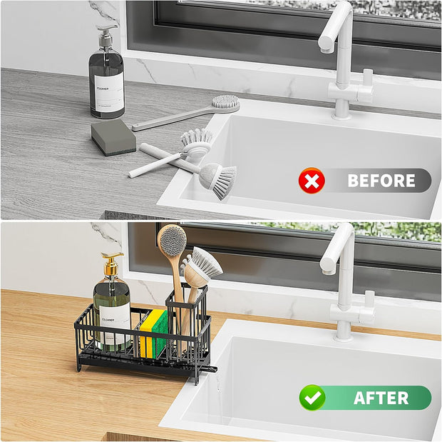 Sponge Holder for Kitchen Sink, Sink Caddy with High Brush Holder, Organzier Rustproof 304 Stainless Steel Dish Organizer Divider, Soap Dispenser Storage