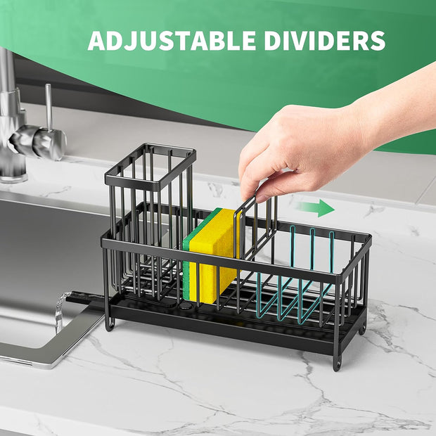 Sponge Holder for Kitchen Sink, Sink Caddy with High Brush Holder, Organzier Rustproof 304 Stainless Steel Dish Organizer Divider, Soap Dispenser Storage