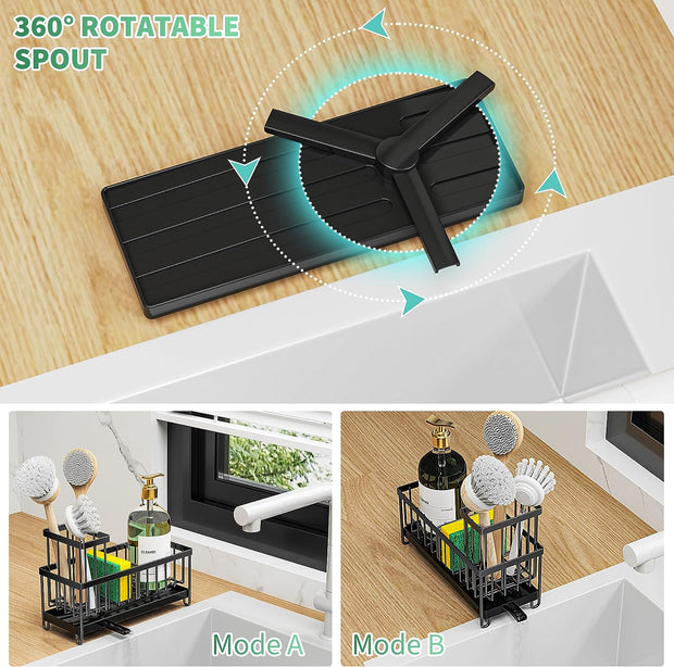 Sponge Holder for Kitchen Sink, Sink Caddy with High Brush Holder, Organzier Rustproof 304 Stainless Steel Dish Organizer Divider, Soap Dispenser Storage