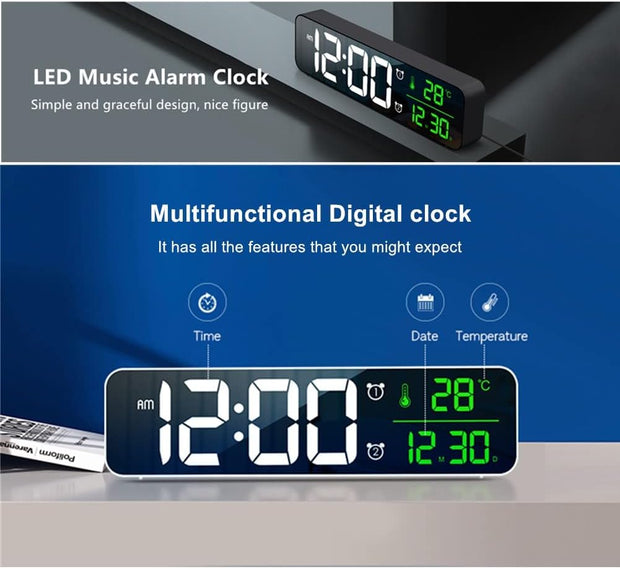 Digital Large Display Alarm Clock for Living Room Office Bedroom Decor LED Electronic Date Temp Display Wall Electric Clocks Automatic Brightness Dimmer Smart Cool Modern Desk Accessories Black