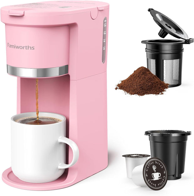 Mini Coffee Maker Single Serve, Instant One Cup for K Cup & Ground Coffee, 6 to 12 Oz Brew Sizes, Capsule Coffee Machine with Water Window and Descaling Reminder, Black