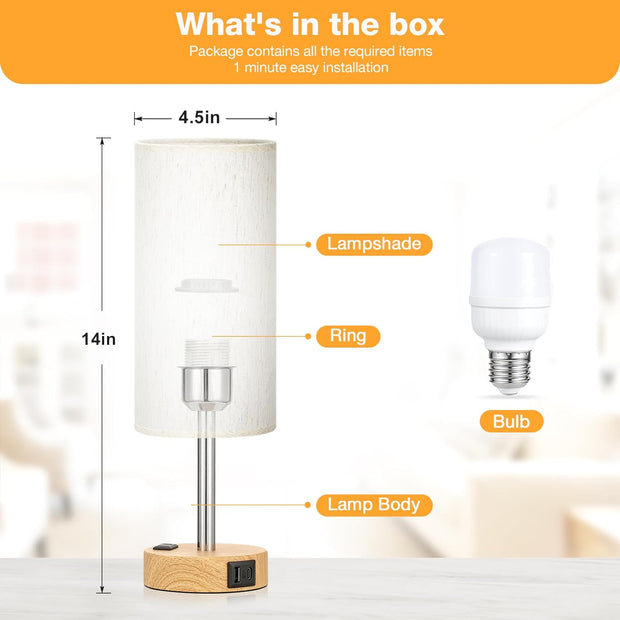 Bedside Table Lamp for Bedroom Nightstand - 3 Way Dimmable Touch Small Lamp USB C Charging Ports and AC Outlet, Wood Base round Flaxen Fabric Shade for Living Room, Office Desk, LED Bulb Included