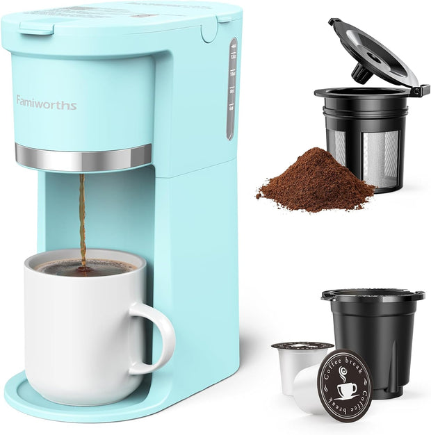 Mini Coffee Maker Single Serve, Instant One Cup for K Cup & Ground Coffee, 6 to 12 Oz Brew Sizes, Capsule Coffee Machine with Water Window and Descaling Reminder, Black