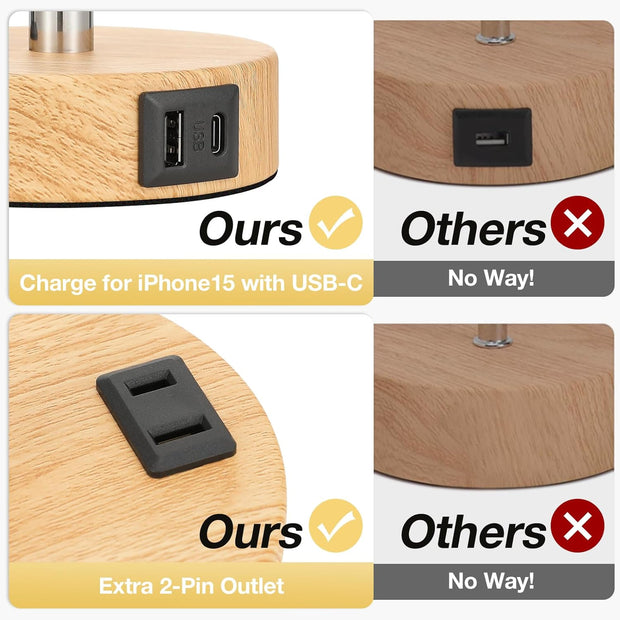 Bedside Table Lamp for Bedroom Nightstand - 3 Way Dimmable Touch Small Lamp USB C Charging Ports and AC Outlet, Wood Base round Flaxen Fabric Shade for Living Room, Office Desk, LED Bulb Included