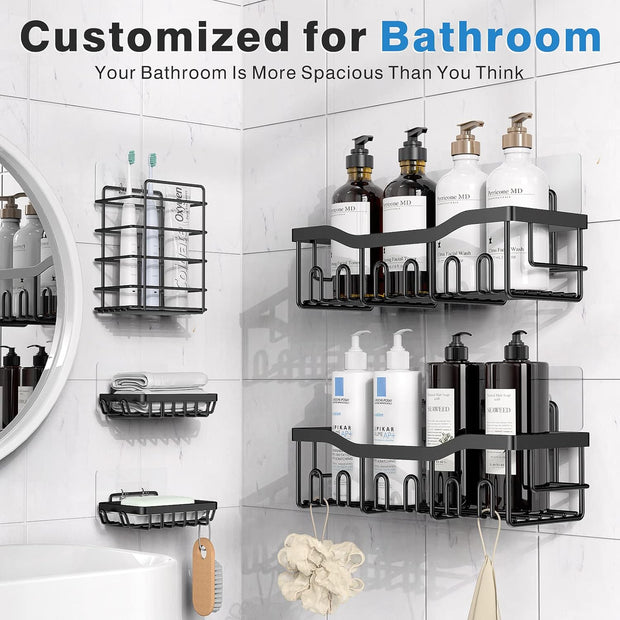Adhesive Shower Caddy, 5 Pack Rustproof Stainless Steel Bath Organizers with Large Capacity, No Drilling Shelves for Bathroom Storage & Home Decor