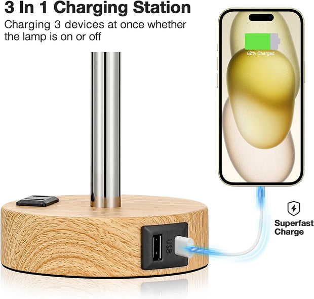 Bedside Table Lamp for Bedroom Nightstand - 3 Way Dimmable Touch Small Lamp USB C Charging Ports and AC Outlet, Wood Base round Flaxen Fabric Shade for Living Room, Office Desk, LED Bulb Included
