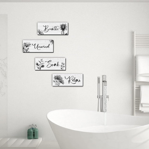 4 Pieces Bathroom Wall Art Rustic Farmhouse Decor Sign Relax Soak Unwind Breathe Wood Hanging Sign for Home Spa Bathroom Laundry Decor