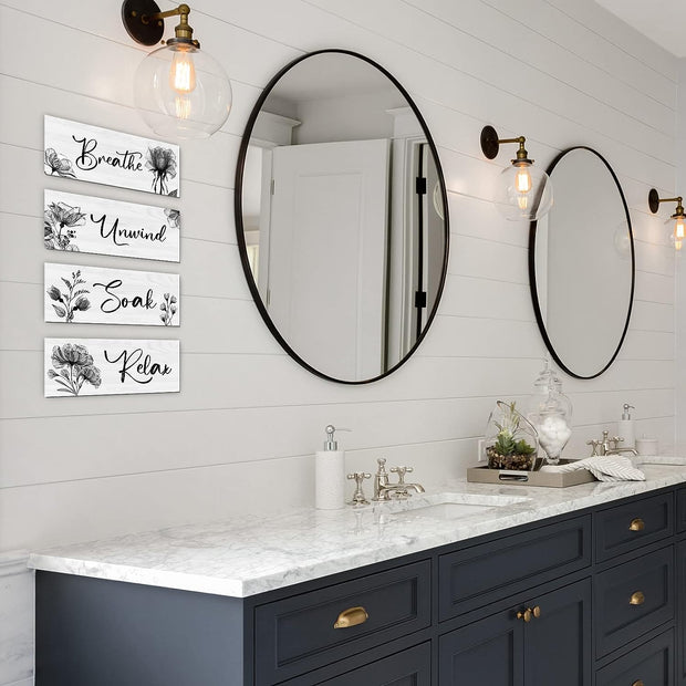 4 Pieces Bathroom Wall Art Rustic Farmhouse Decor Sign Relax Soak Unwind Breathe Wood Hanging Sign for Home Spa Bathroom Laundry Decor