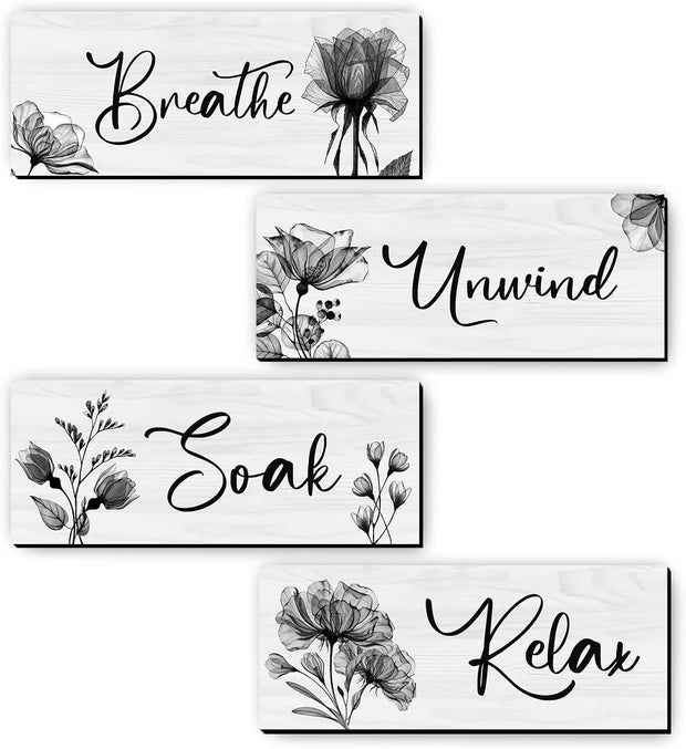 4 Pieces Bathroom Wall Art Rustic Farmhouse Decor Sign Relax Soak Unwind Breathe Wood Hanging Sign for Home Spa Bathroom Laundry Decor