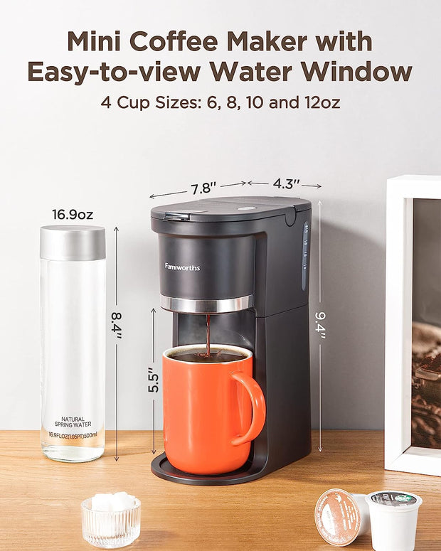 Mini Coffee Maker Single Serve, Instant One Cup for K Cup & Ground Coffee, 6 to 12 Oz Brew Sizes, Capsule Coffee Machine with Water Window and Descaling Reminder, Black