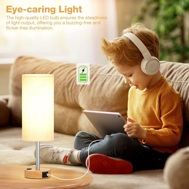 Bedside Table Lamp for Bedroom Nightstand - 3 Way Dimmable Touch Small Lamp USB C Charging Ports and AC Outlet, Wood Base round Flaxen Fabric Shade for Living Room, Office Desk, LED Bulb Included