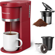 Mini Coffee Maker Single Serve, Instant One Cup for K Cup & Ground Coffee, 6 to 12 Oz Brew Sizes, Capsule Coffee Machine with Water Window and Descaling Reminder, Black