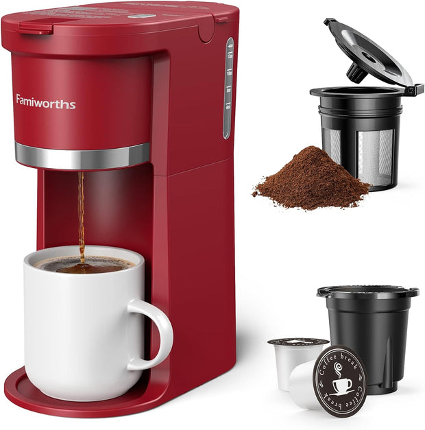 Mini Coffee Maker Single Serve, Instant One Cup for K Cup & Ground Coffee, 6 to 12 Oz Brew Sizes, Capsule Coffee Machine with Water Window and Descaling Reminder, Black