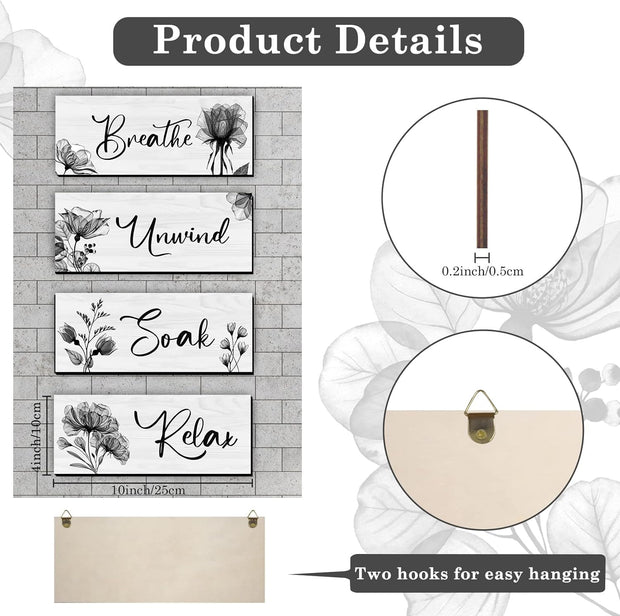 4 Pieces Bathroom Wall Art Rustic Farmhouse Decor Sign Relax Soak Unwind Breathe Wood Hanging Sign for Home Spa Bathroom Laundry Decor