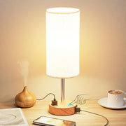 Bedside Table Lamp for Bedroom Nightstand - 3 Way Dimmable Touch Small Lamp USB C Charging Ports and AC Outlet, Wood Base round Flaxen Fabric Shade for Living Room, Office Desk, LED Bulb Included