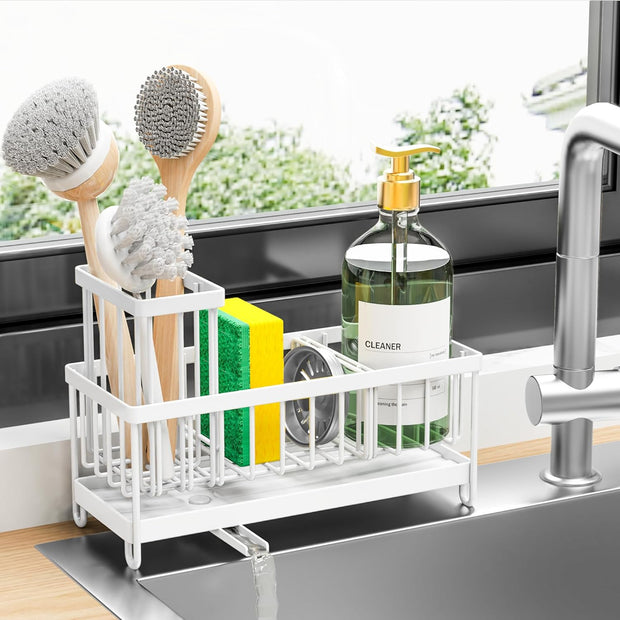Sponge Holder for Kitchen Sink, Sink Caddy with High Brush Holder, Organzier Rustproof 304 Stainless Steel Dish Organizer Divider, Soap Dispenser Storage